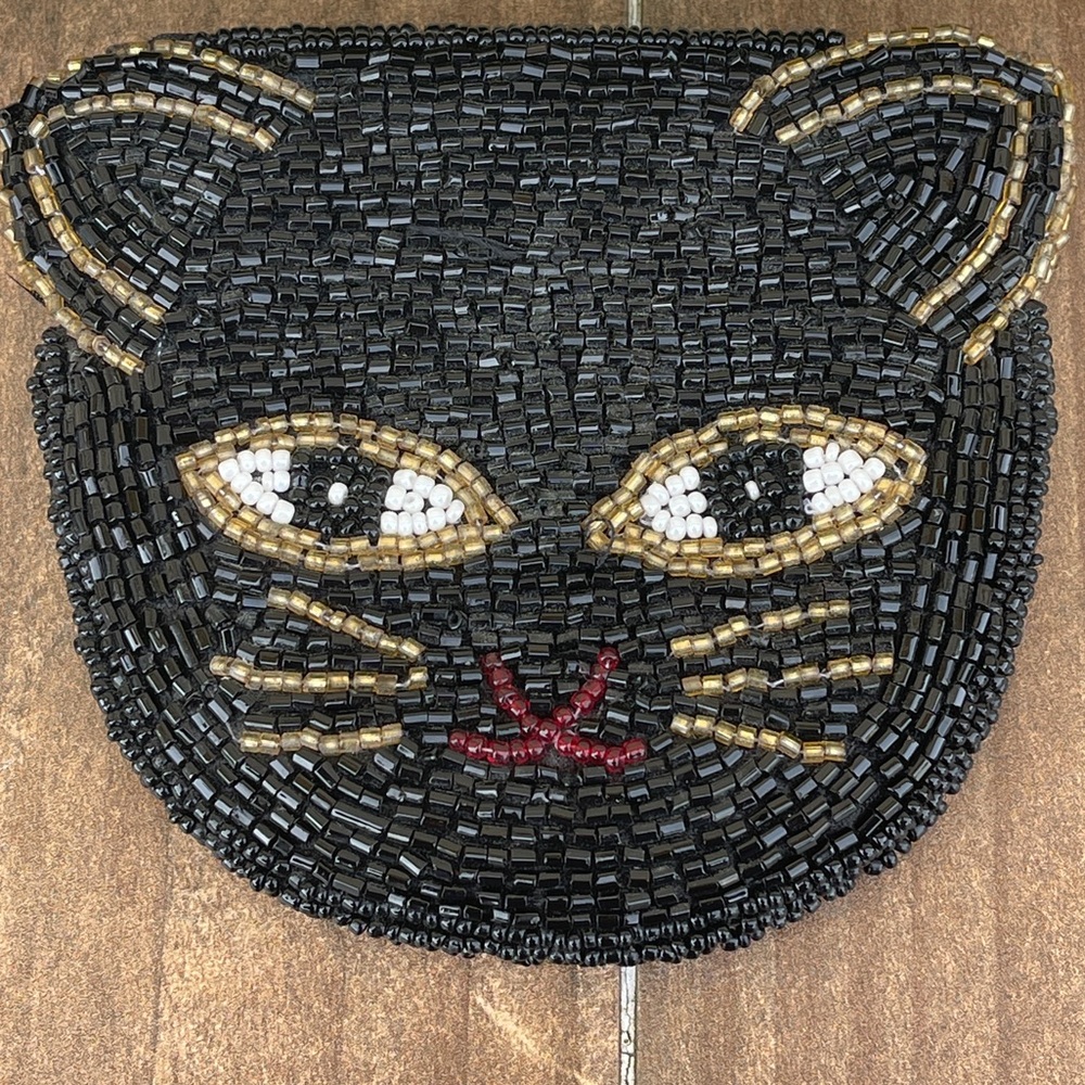 Beaded Black Cat Face Coin Purse